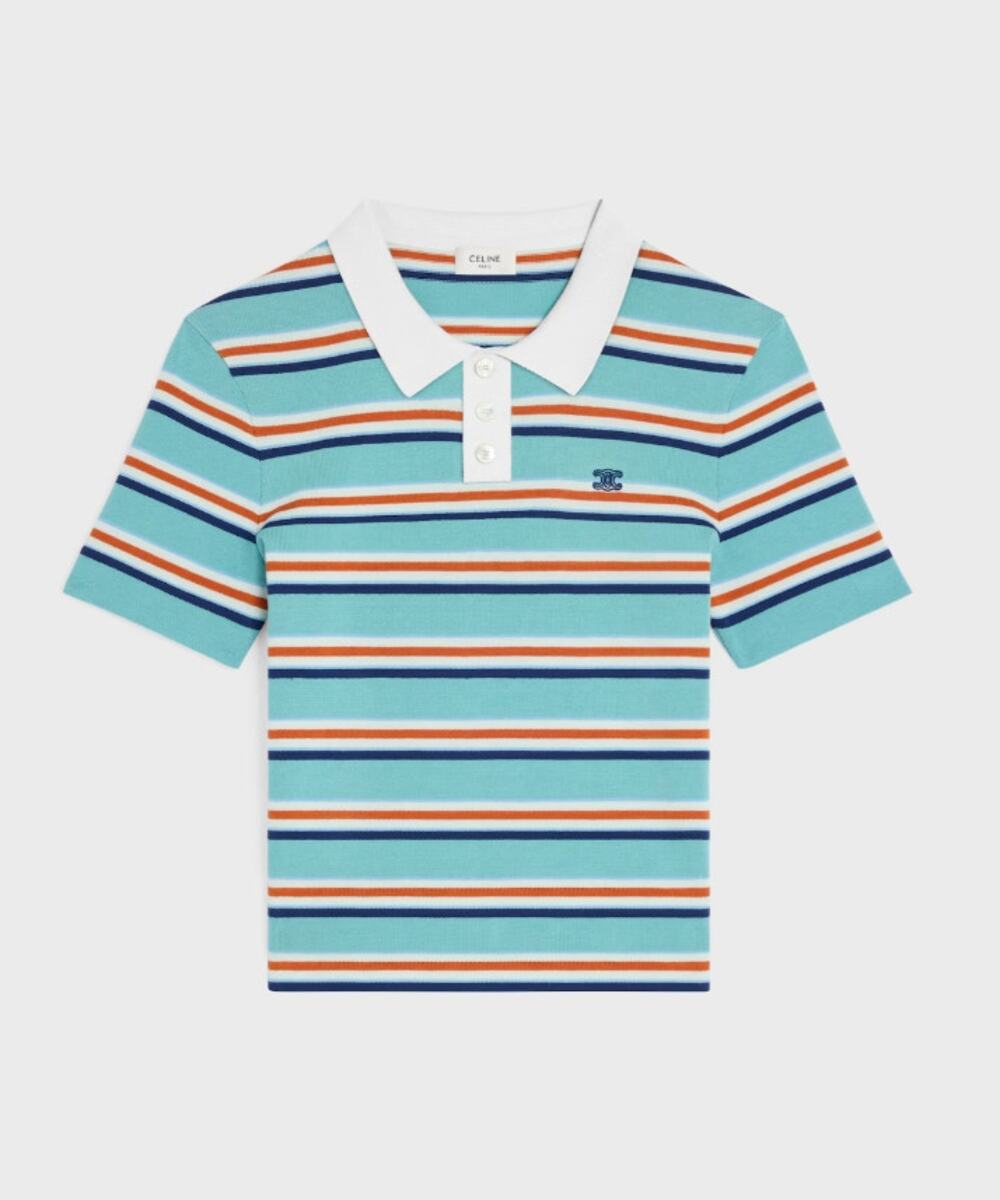 Celine Paris Sky Blue Striped Short Sleeve Cotton Polo Sweater Womens Small